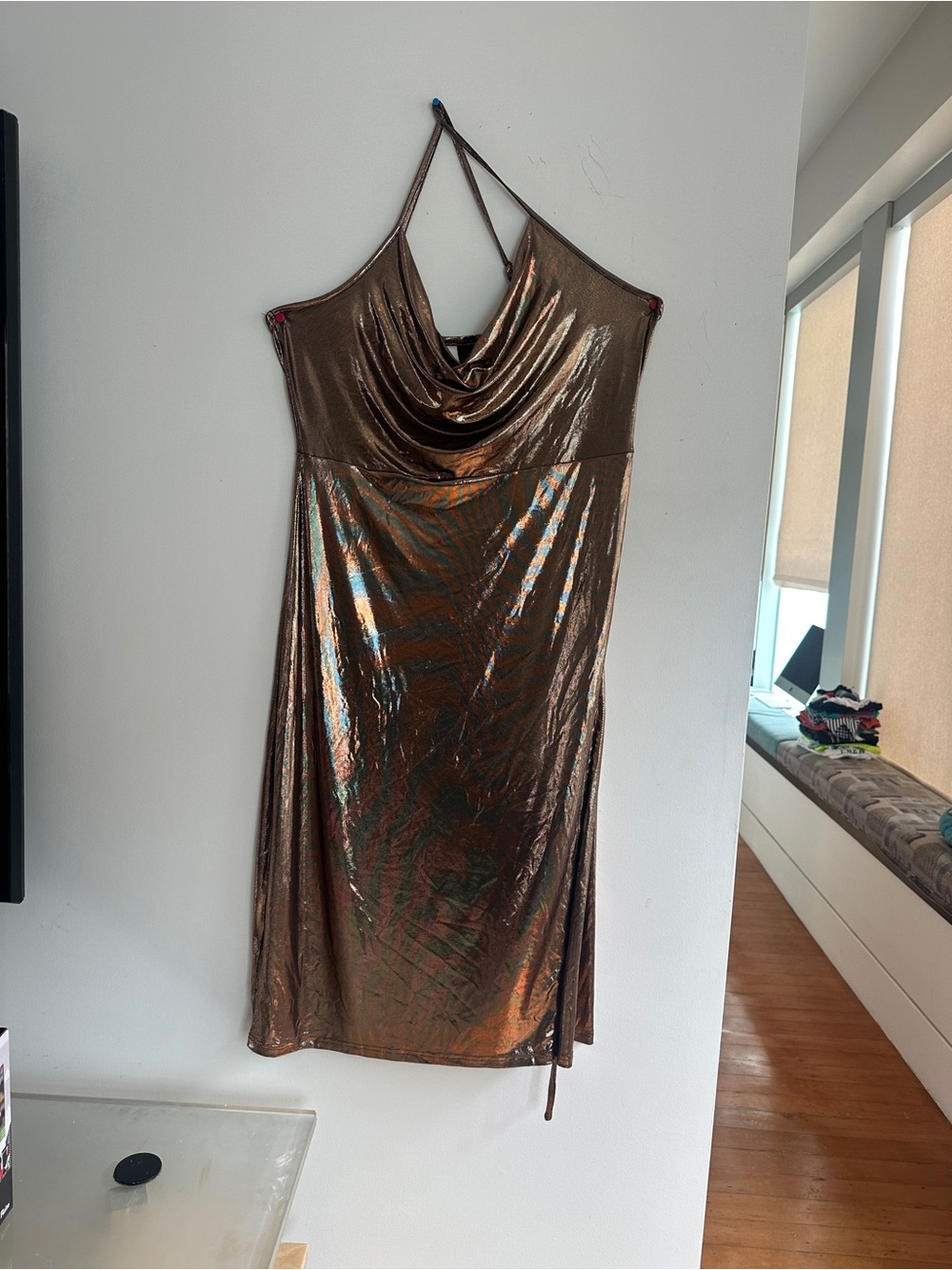 Metallic Gold Cowl Neck Ruched Mini Dress